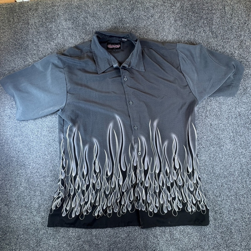 Vintage Sapphire Lounge Shirt Mens XL Gray Black Flame Graphic Casual‎ Button Up